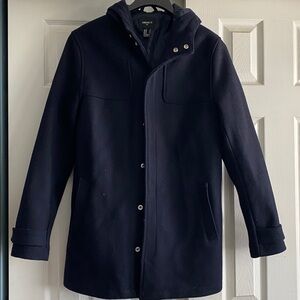 Forever 21 Hooded Pea Coat Jacket M Navy Blue Wool Blend
